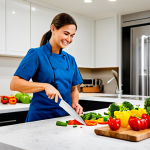 A professional and confident person, fully clothed in modest, appropriate attire, expertly engaging in meal preparation within a modern, well-lit kitchen. The individual stands at a clean countertop, a sharp chef's knife in hand, precisely chopping fresh, colorful vegetables like bell peppers and broccoli. Nearby, neatly arranged ingredients such as whole grains and lean protein are visible, along with a multi-cooker in the background, signifying efficiency. Perfect anatomy, correct proportions, natural pose, well-formed hands, proper finger count, natural body proportions, professional photography, high quality, safe for work, appropriate content, family-friendly.