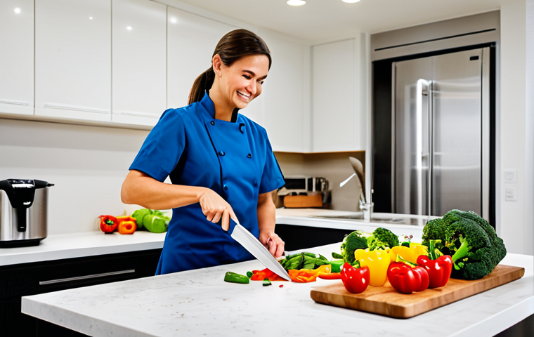 A professional and confident person, fully clothed in modest, appropriate attire, expertly engaging in meal preparation within a modern, well-lit kitchen. The individual stands at a clean countertop, a sharp chef's knife in hand, precisely chopping fresh, colorful vegetables like bell peppers and broccoli. Nearby, neatly arranged ingredients such as whole grains and lean protein are visible, along with a multi-cooker in the background, signifying efficiency. Perfect anatomy, correct proportions, natural pose, well-formed hands, proper finger count, natural body proportions, professional photography, high quality, safe for work, appropriate content, family-friendly.