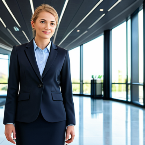 Home 6 **
"A professional businesswoman in a modest business suit, standing in a bright, modern office lobby, fully clothed, appropriate attire, safe for work, perfect anatomy, natural proportions, professional photography, high quality."
**