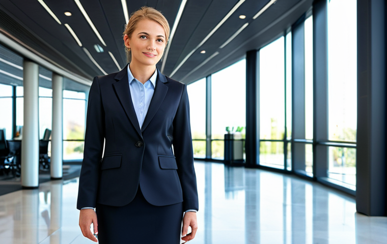 **
"A professional businesswoman in a modest business suit, standing in a bright, modern office lobby, fully clothed, appropriate attire, safe for work, perfect anatomy, natural proportions, professional photography, high quality."
**